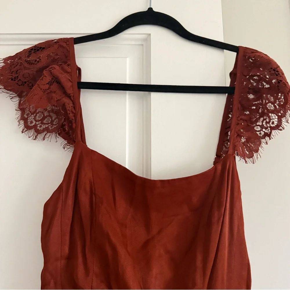 By Anthropologie Lace Mix Jumpsuit red rusty brown 2 - Picture 8 of 10